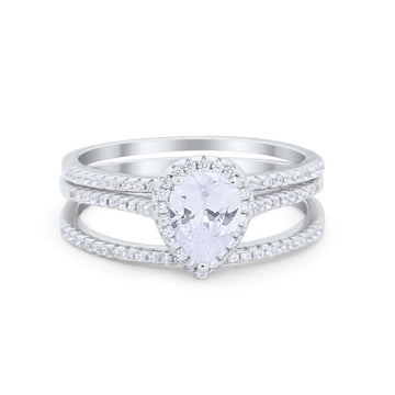 Teardrop Pear Wedding Three Piece Ring Simulated Cubic Zirconia 925 Sterling Silver